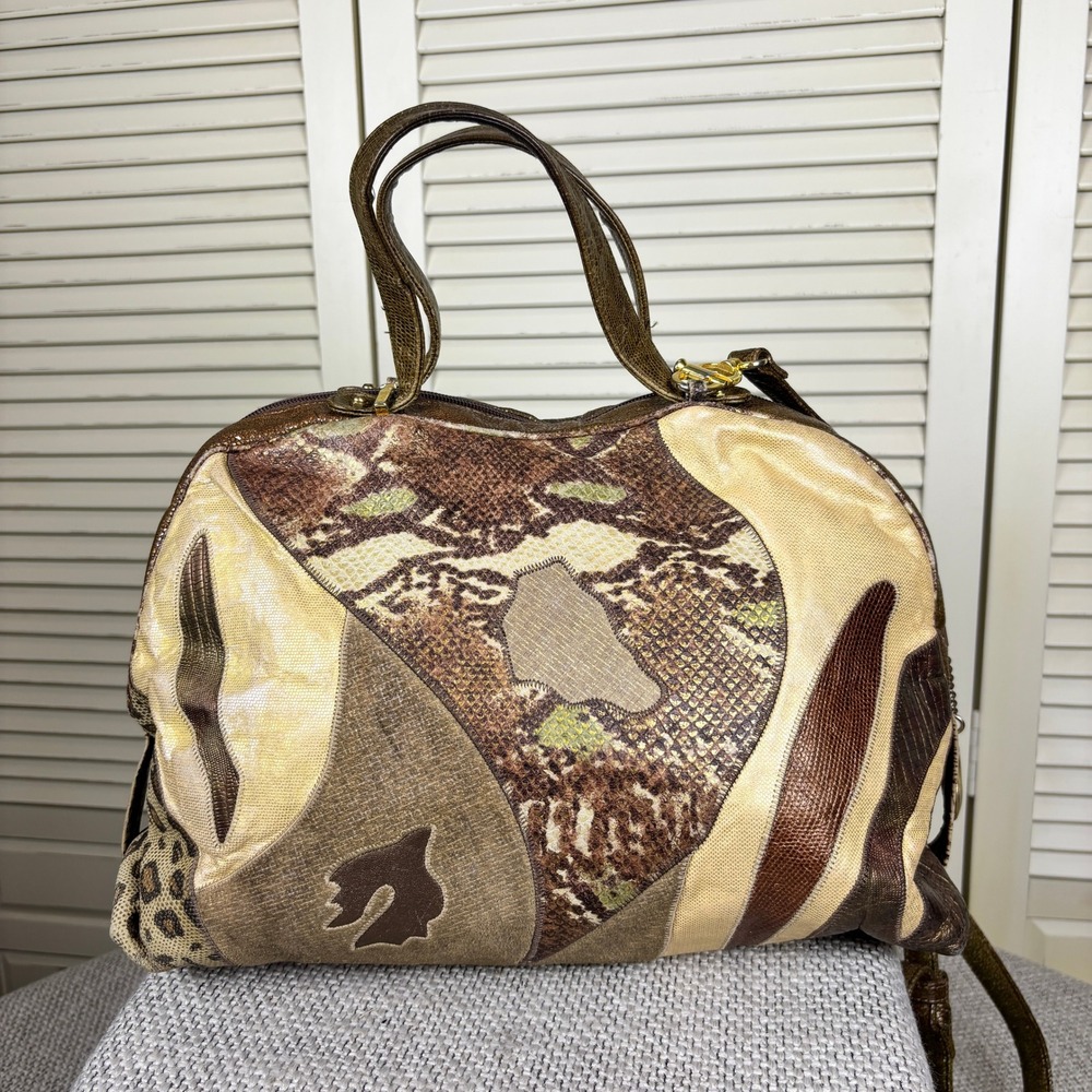 Sharif 90s Vintage Bronze Mixed Animal Patchwork Leather Satchel Bag Statement